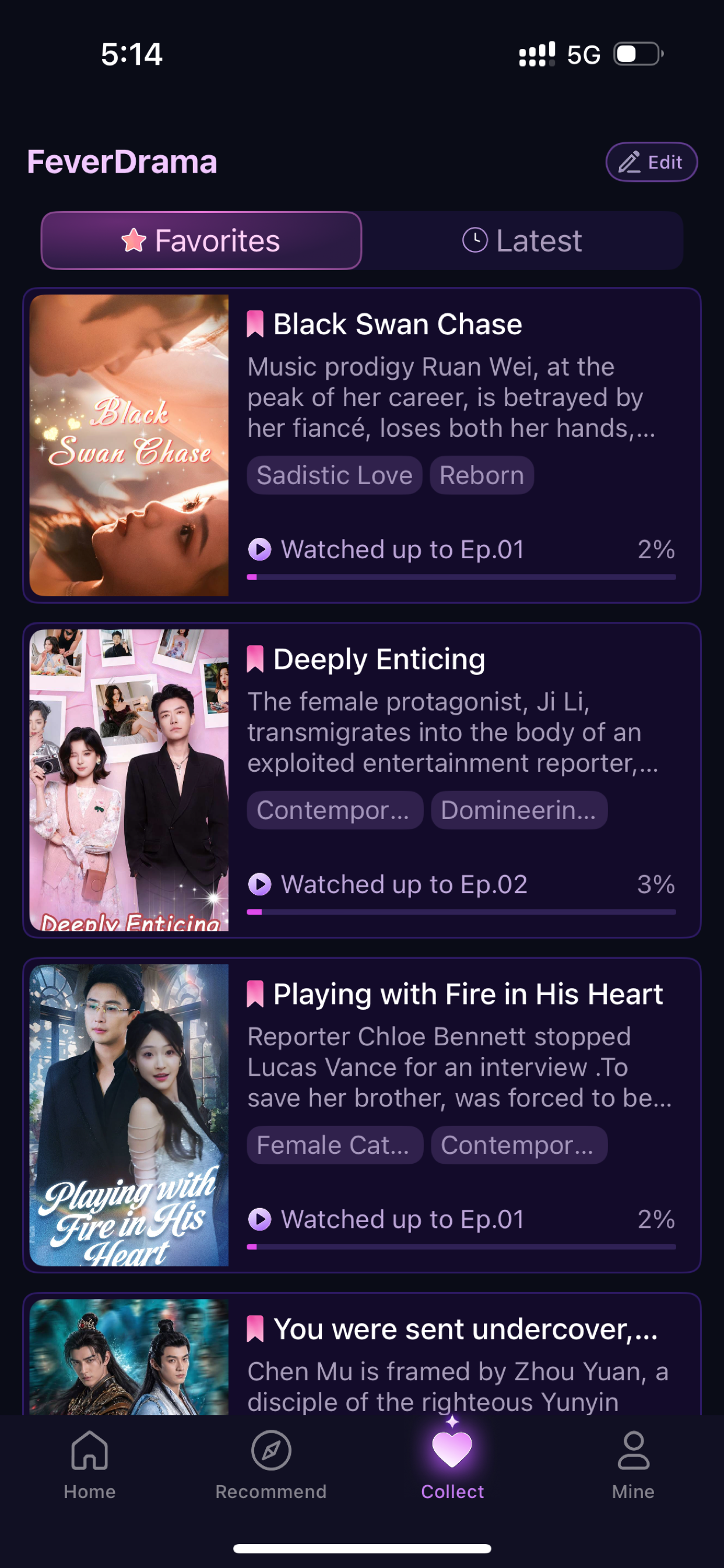 FeverDrama favorites list with watch progress.